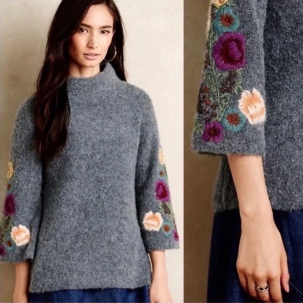 Anthropologie Sleeping On Snow Gray Sweater with Floral Embroidered